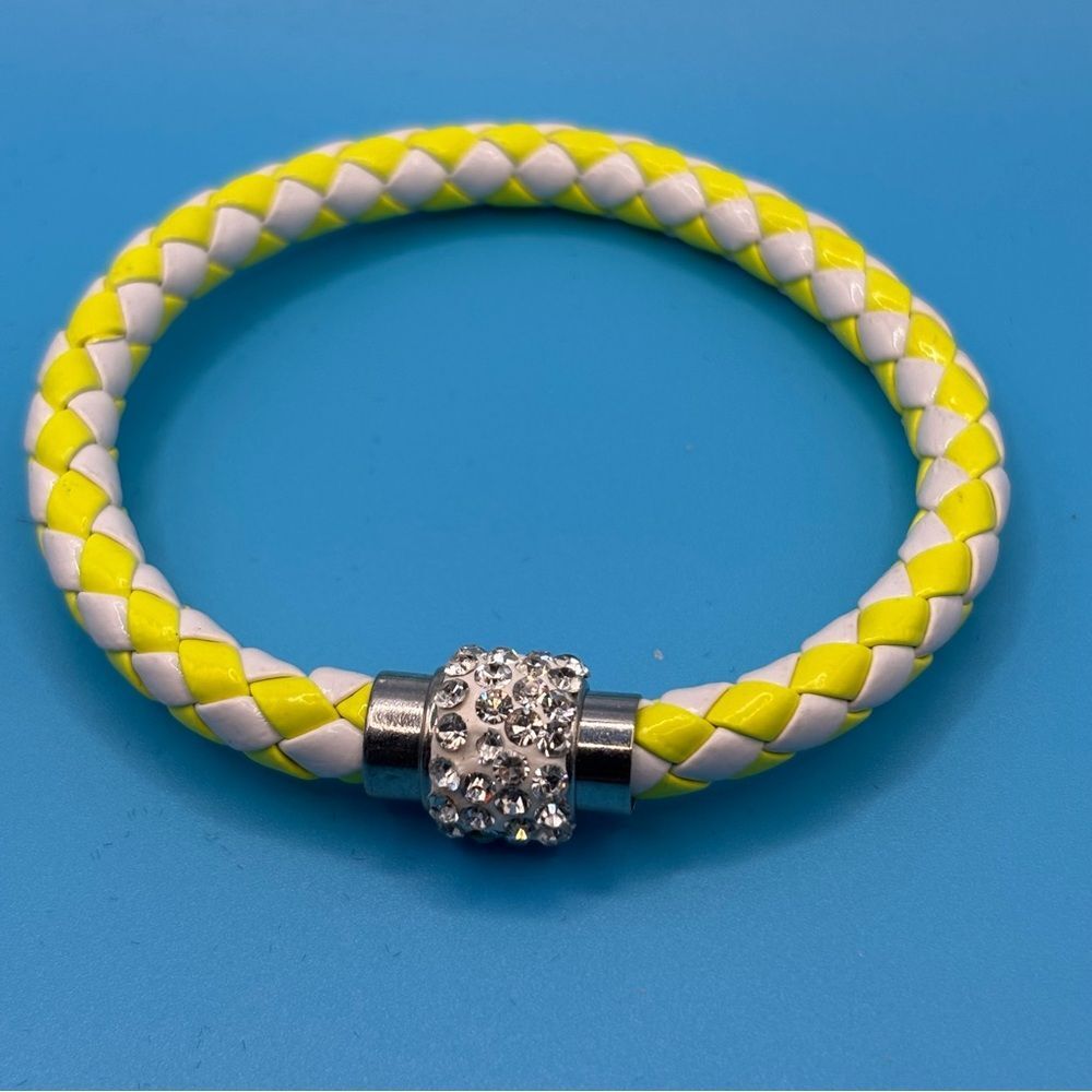 Vibrant Yellow and White Braided‎ Bracelet with Sparkling Clasp